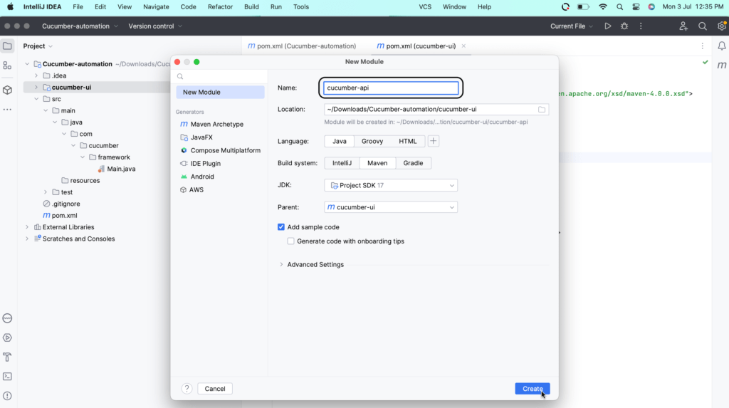 add cucumber api module